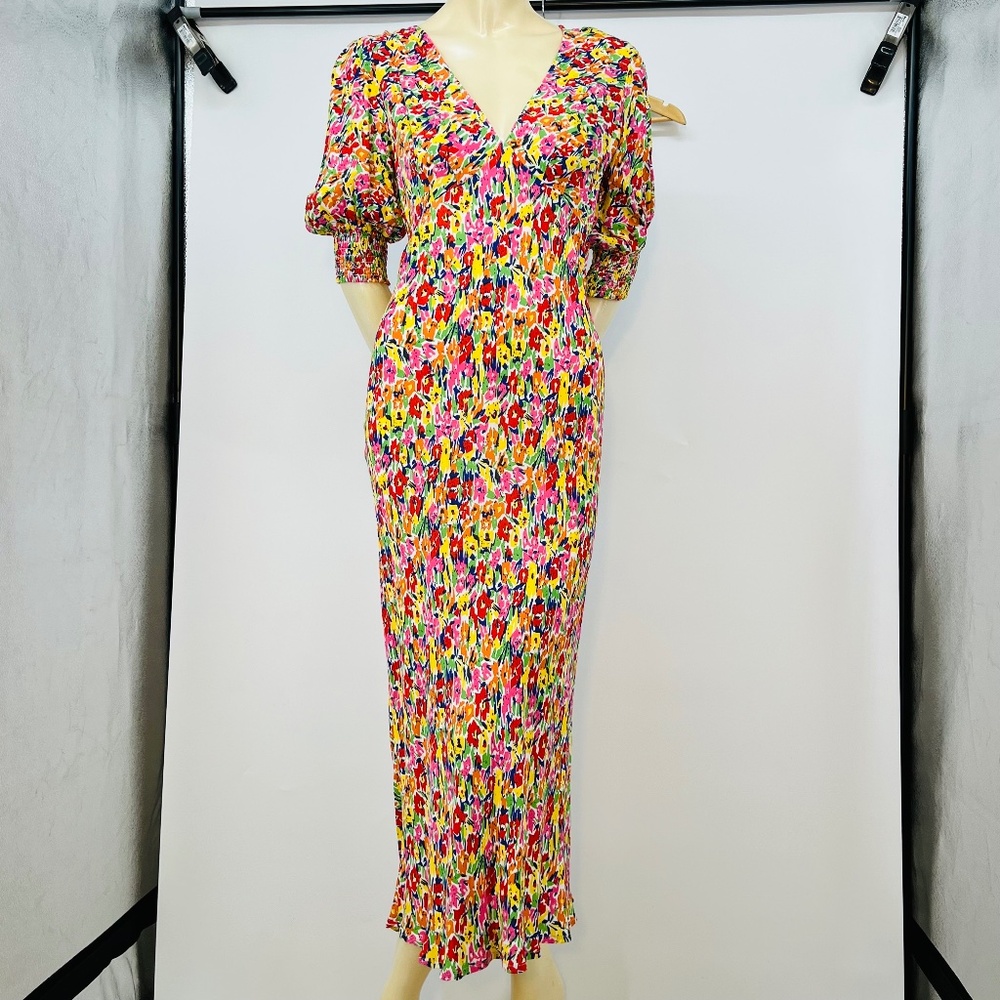 RIXO x Target Floral Puff Sleeve Maxi Sundress 8 Deep V-Neck Basque Waist Bright